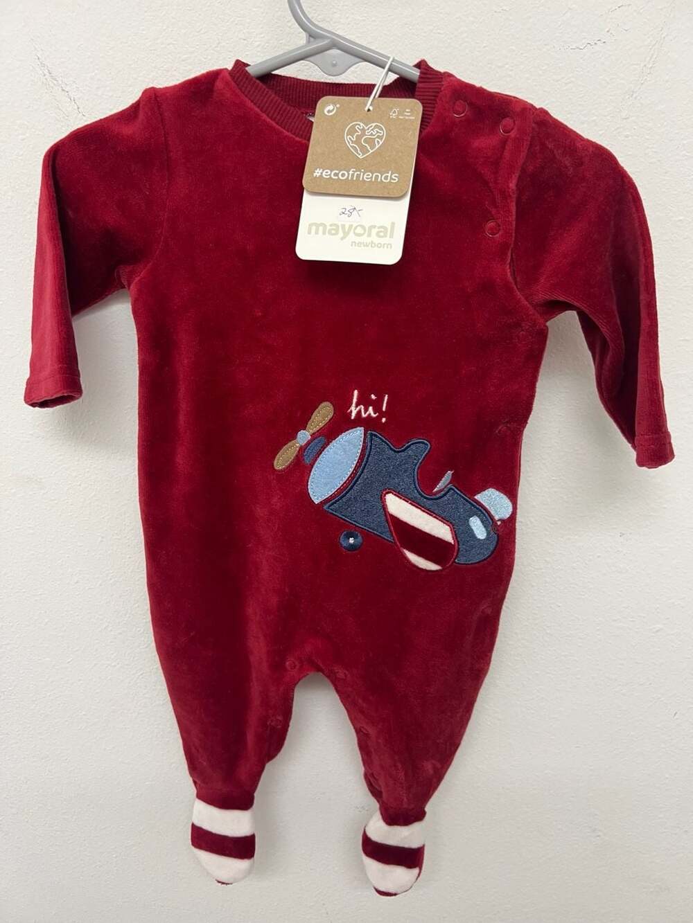Mayoral Newborn Red Velour Airplane Romper Sleepsuit 1-2m